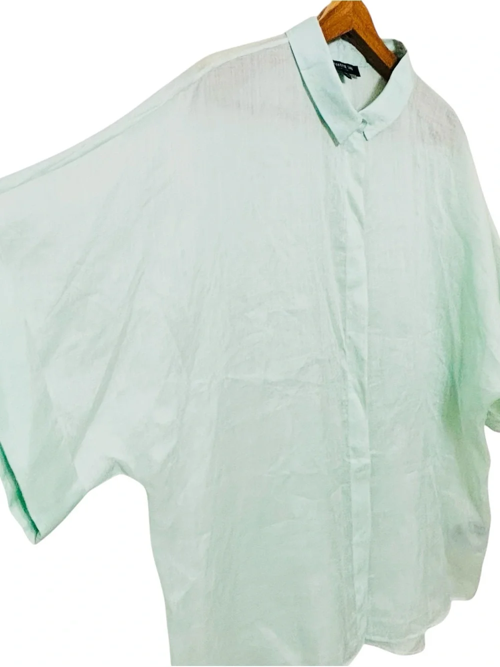 Lafayette 148 New York Ramie Tencel Button Up Top Short Sleeve Sage Green Blouse - Picture 3 of 10